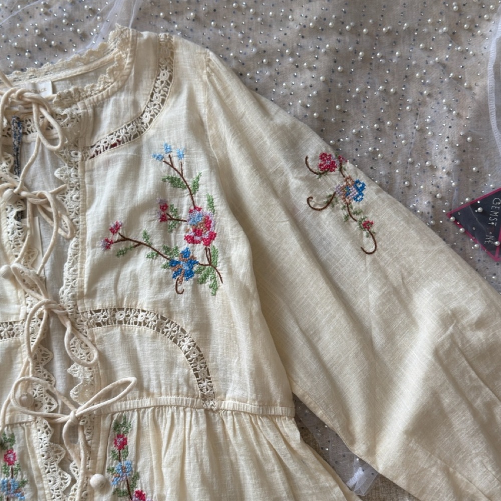 Ivory Nude Embroidered Peasant Blouse with Lace Ties - Picture 11 of 12